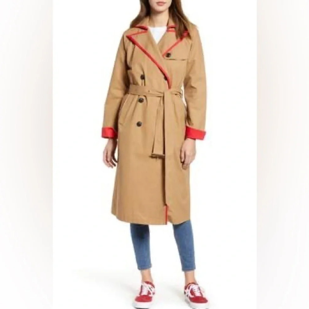 English Factory Tan Trench Coat with Red Trim
